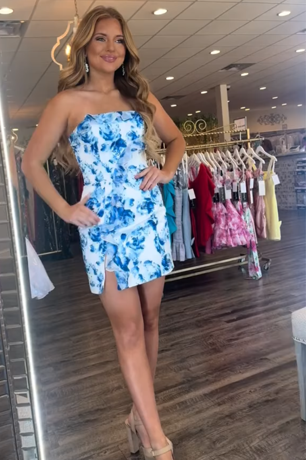 Blue Flower Satin Tight Short Homecoming Dress with Ruffles