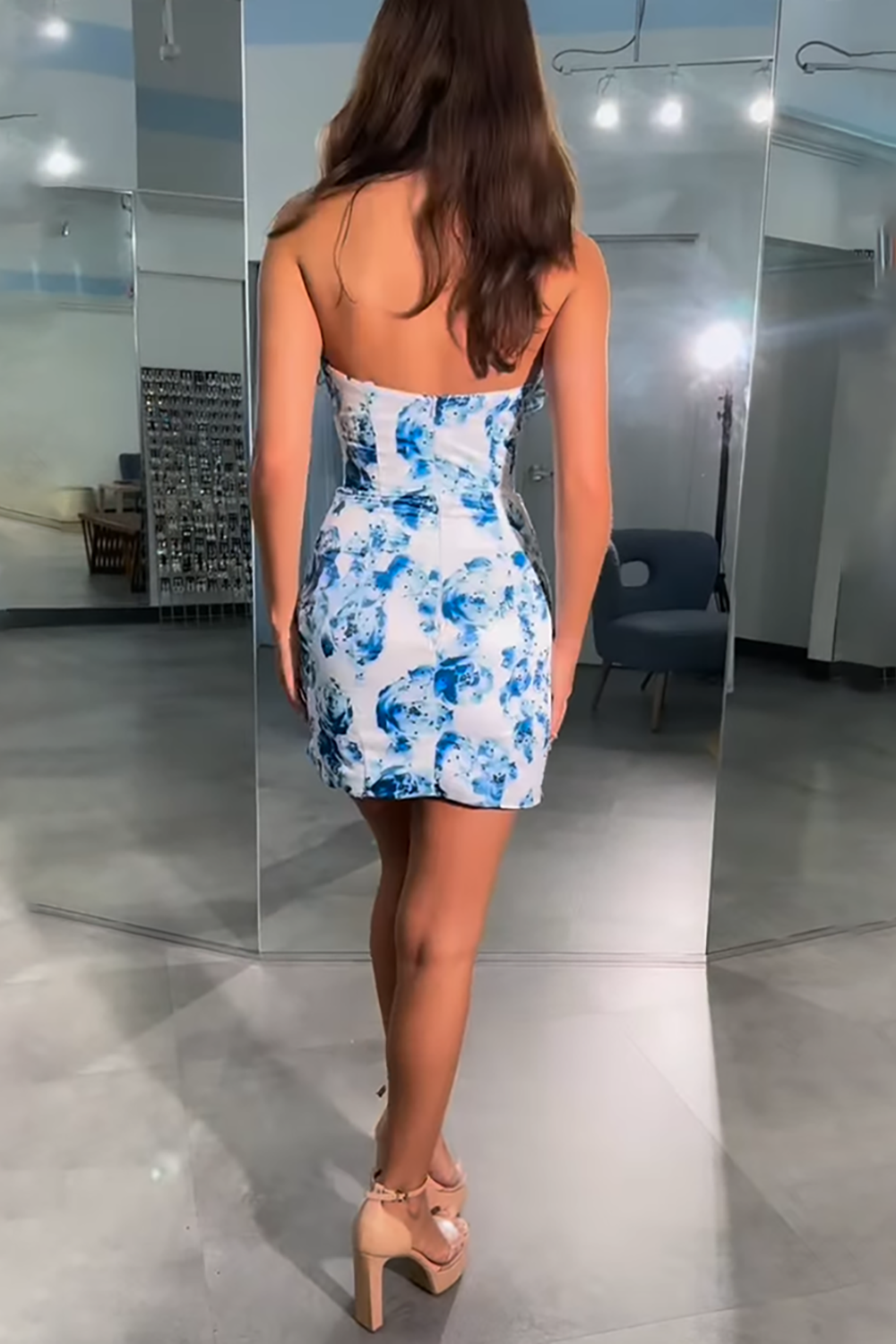 Blue Tight Strapless Short Floral Homecoming Dress with Ruffles