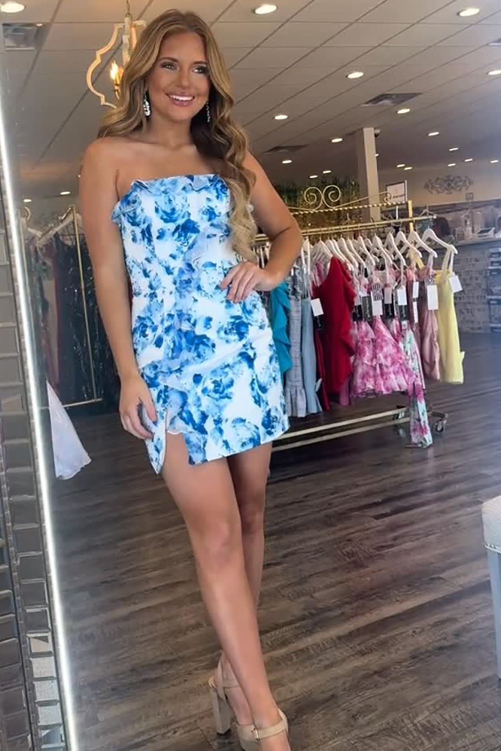 Blue Flower Satin Tight Short Homecoming Dress with Ruffles