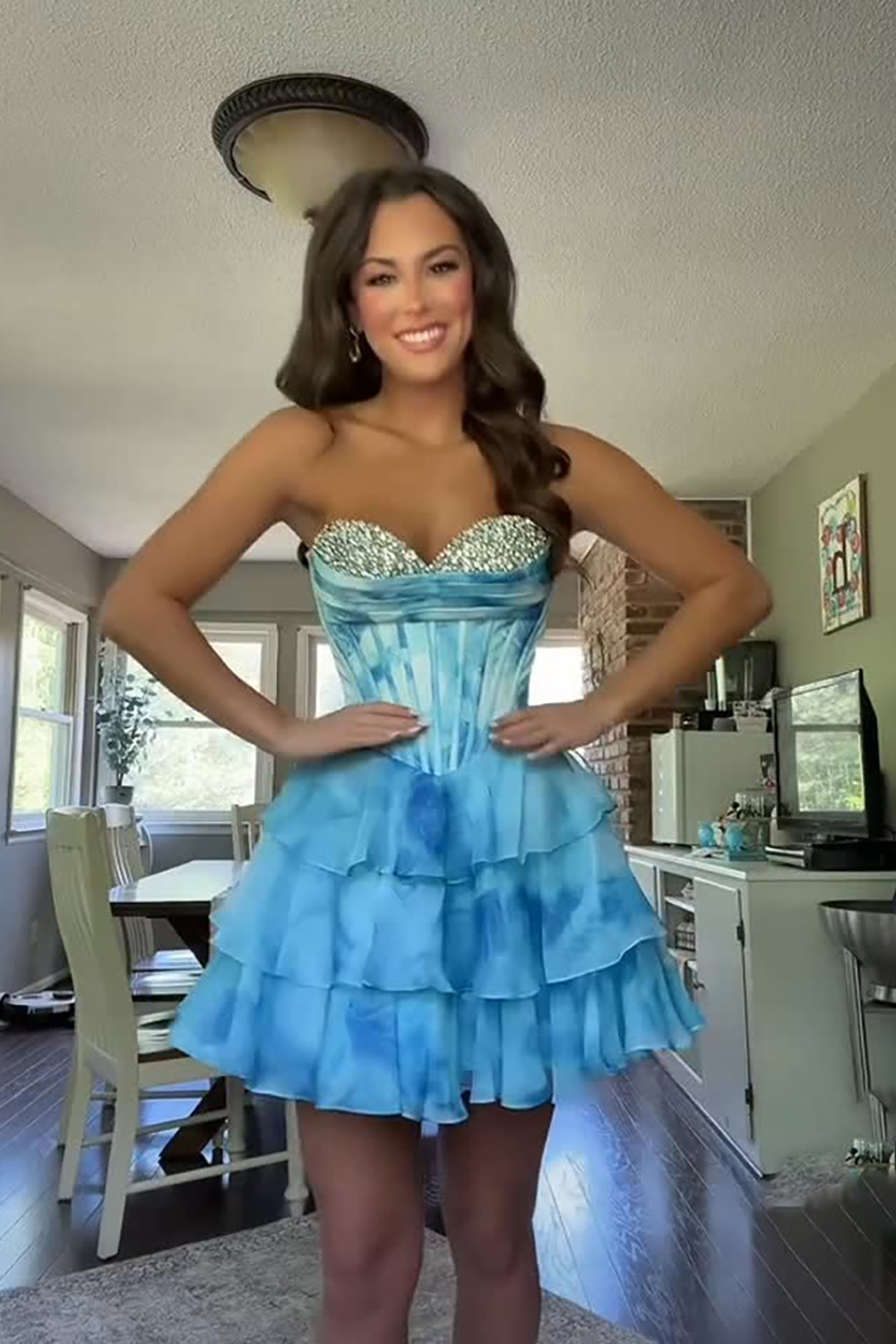 Sparkly Blue Tiered Tulle Corset Short Homecoming Dress with Beading