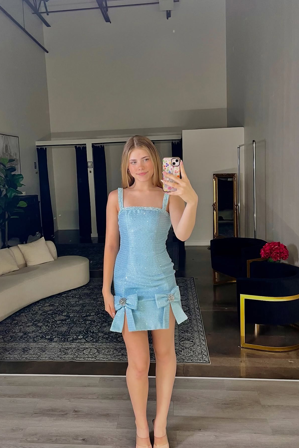 Sparkly Blue Tight Bodycon Short Homecoming Dress with Bows