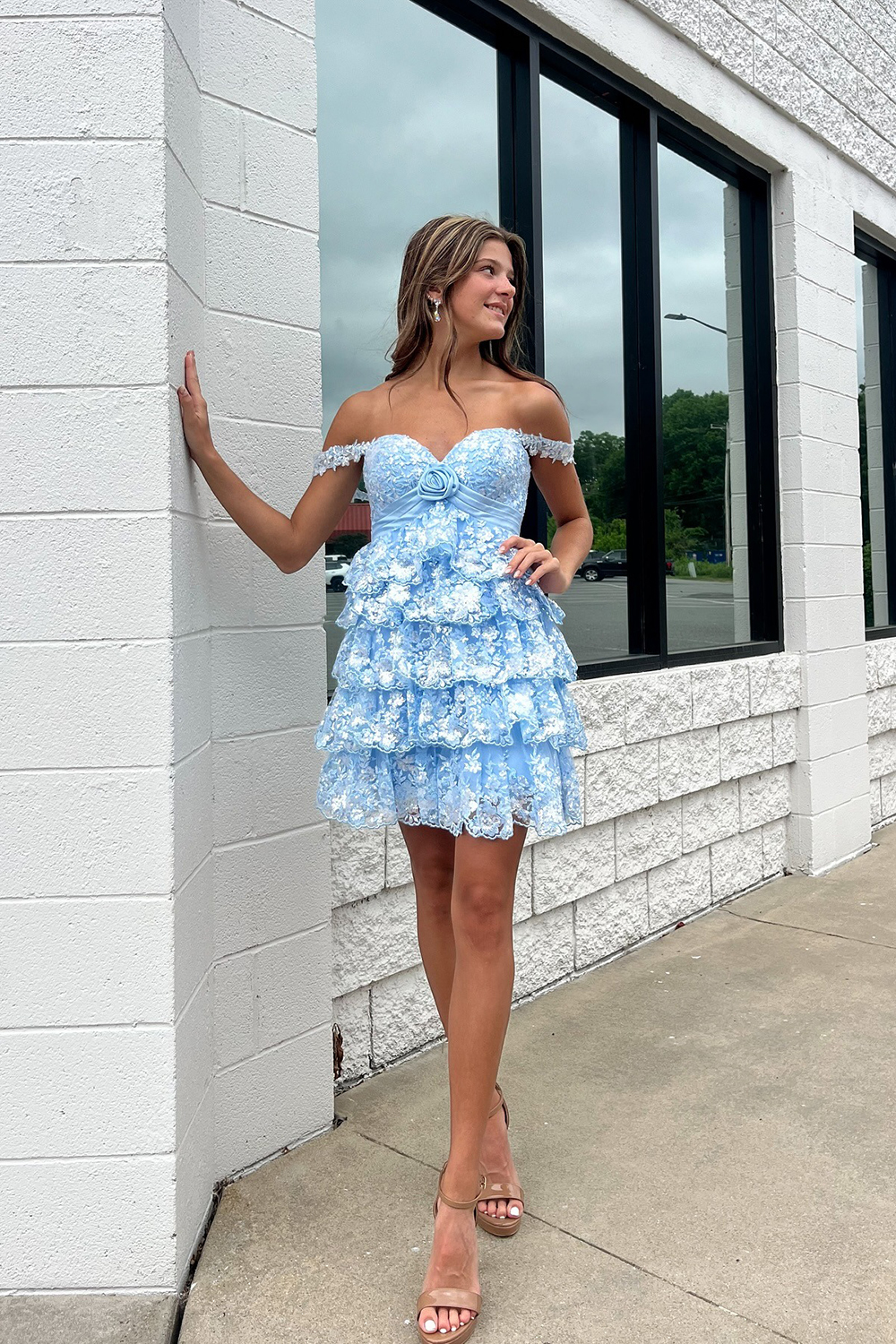 Blue Floral Lace Off The Shoulder Tiered Short Homecoming Dress