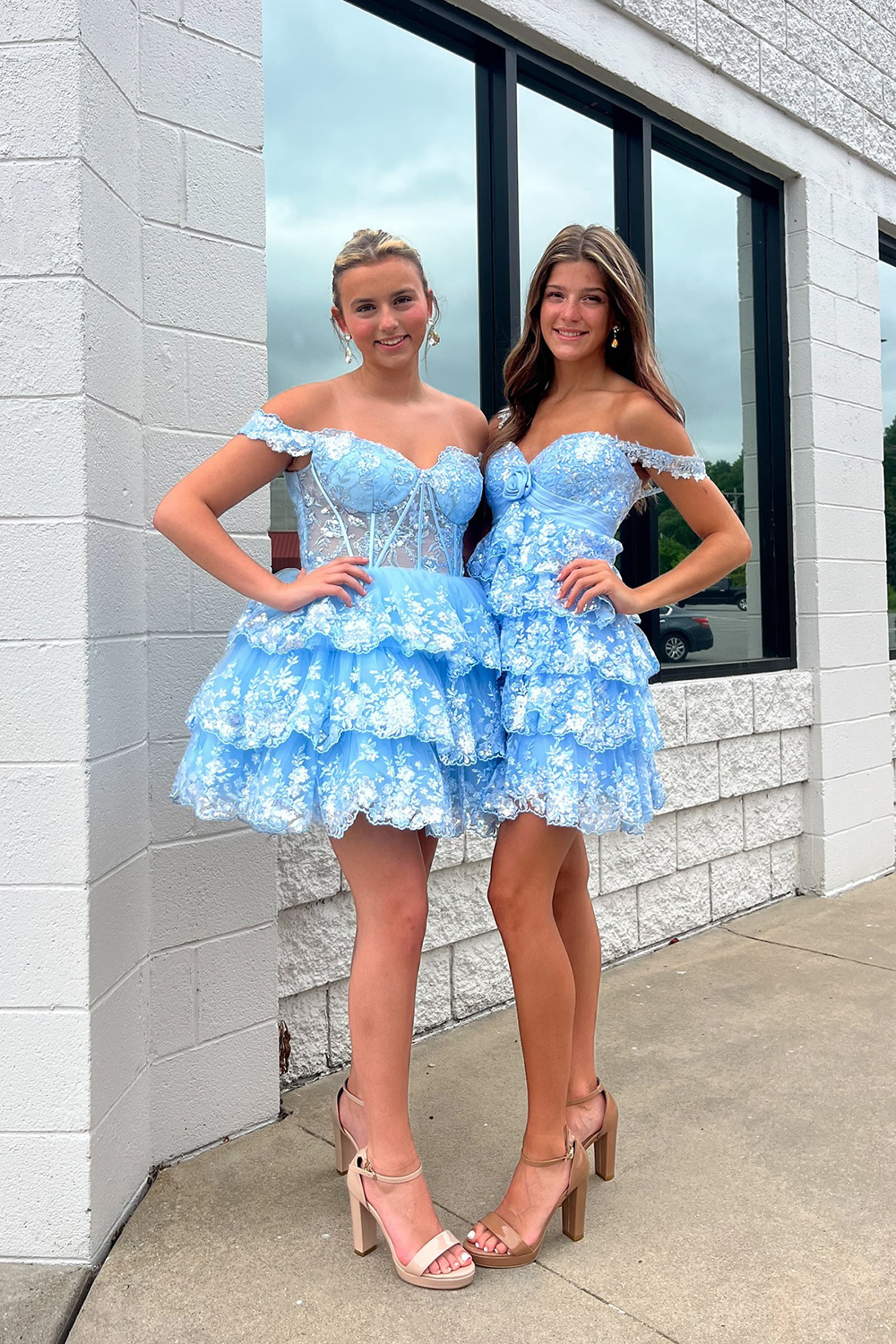 Blue Floral Lace Off The Shoulder Tiered Short Homecoming Dress