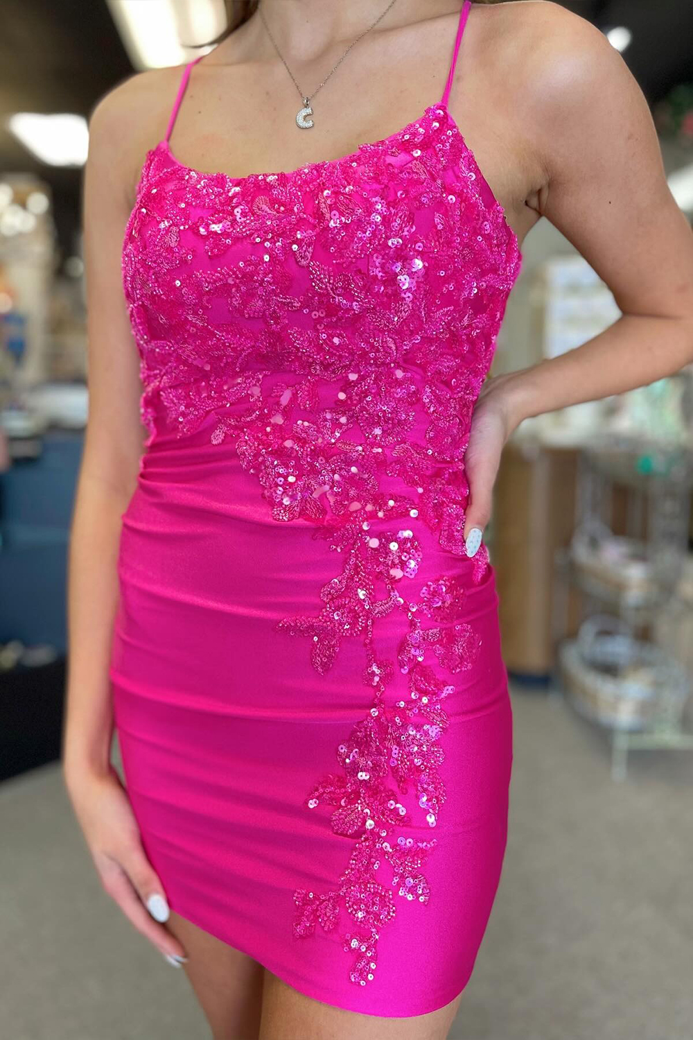 Sparkly Fuchsia Tight Spaghetti Straps Short Homecoming Dress with Appliques