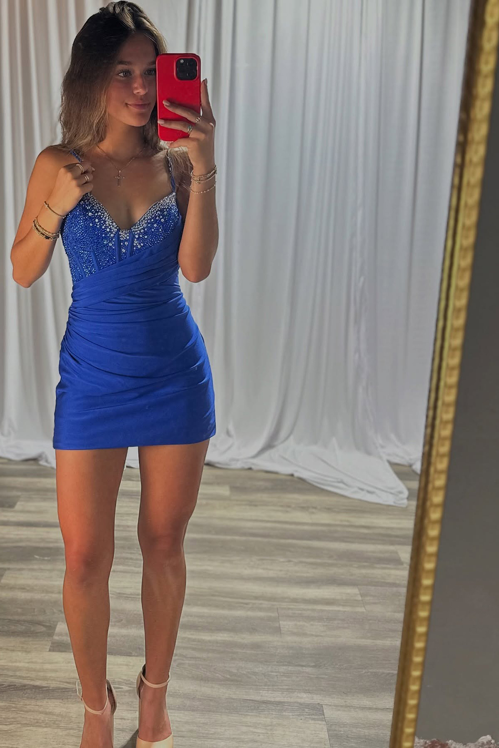 Sparkly Royal Blue Satin Short Corset Homecoming Dress with Beading Ruched Spaghetti Straps Tight Rhinstones Hoco Dress
