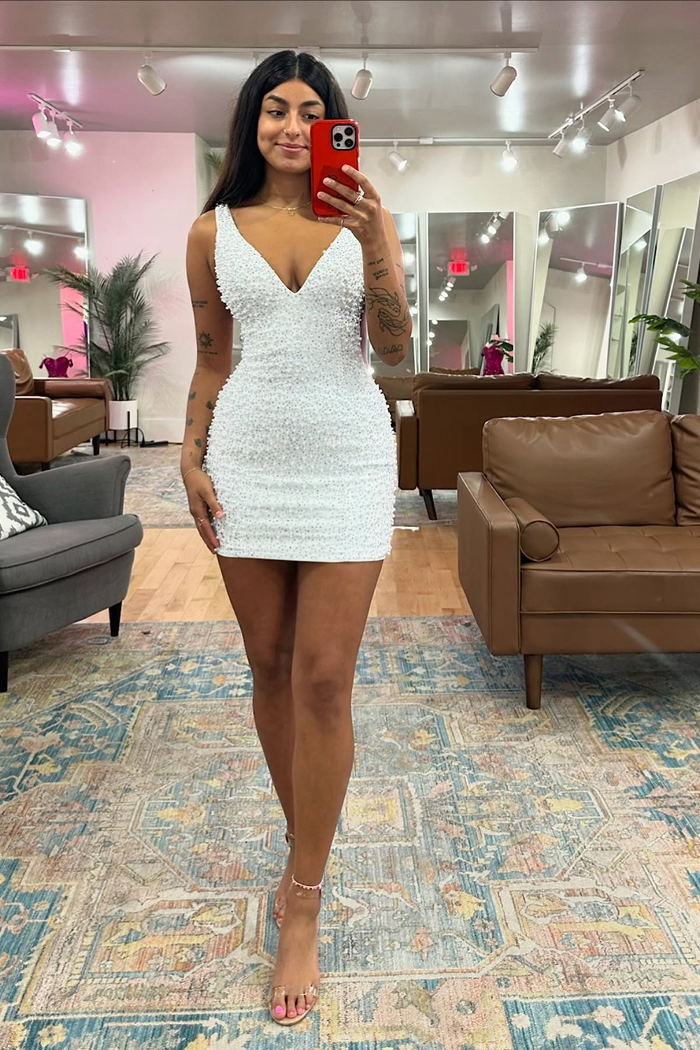 Sparkly White Sequins V Neck Tight Bodycon Short Homecoming Dress