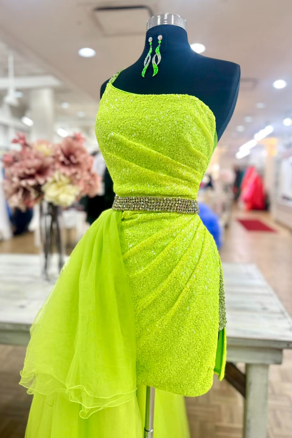 Sparkly Green Tight One Shoulder Short Homecoming Dress with Side Cape