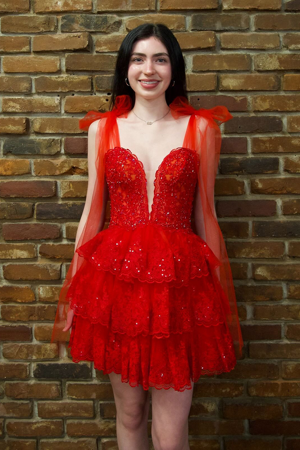 Sparkly Navy Tiered A Line Lace Short Homecoming Dress with Bow