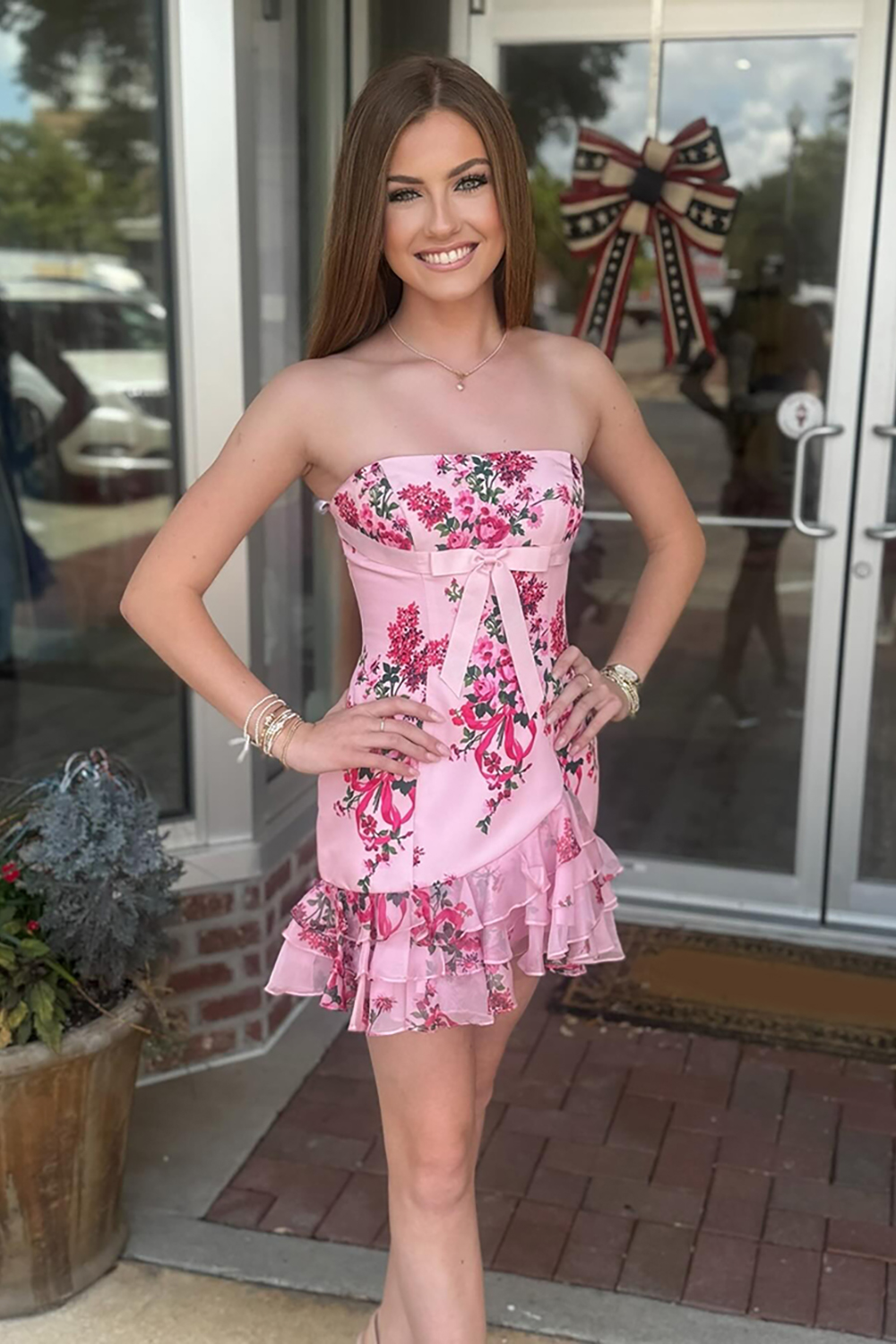 Cute Pink Floral Strapless Short Ruffled Homecoming Dress with Bow
