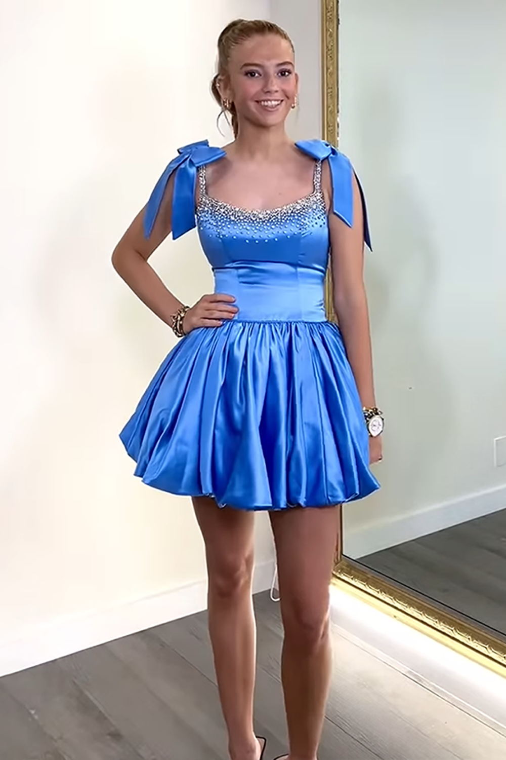 Cute Blue A Line Short Satin Homecoming Dress with Beading