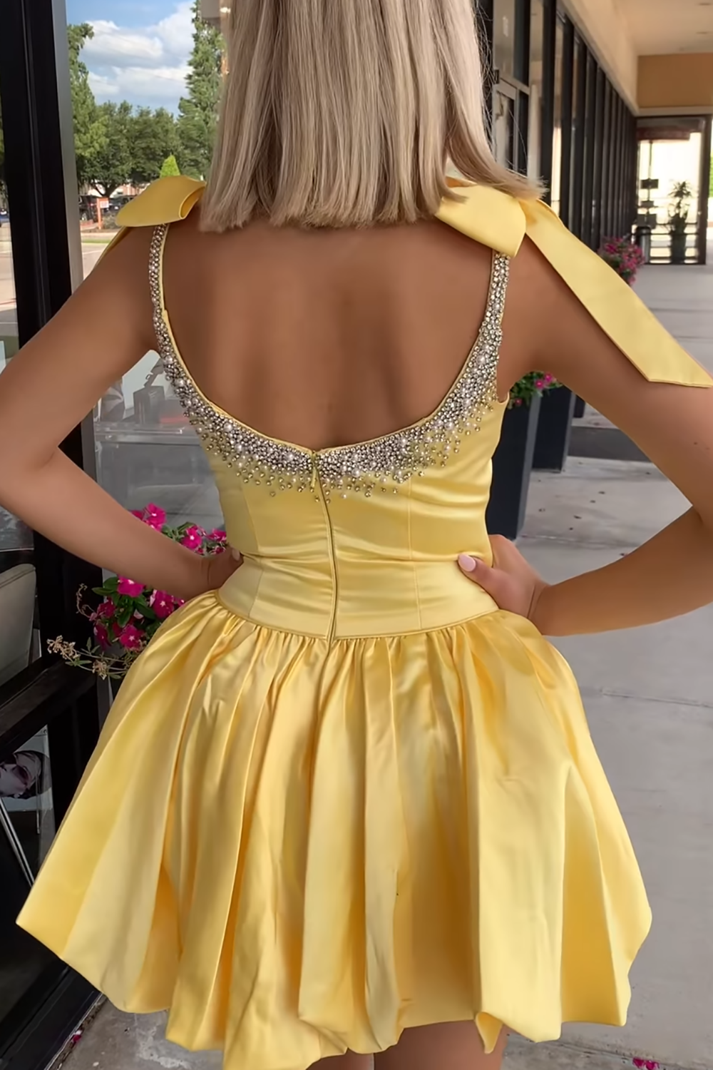 Sparkly Fuchsia Satin Bowknot Short Homecoming Dress with Beading