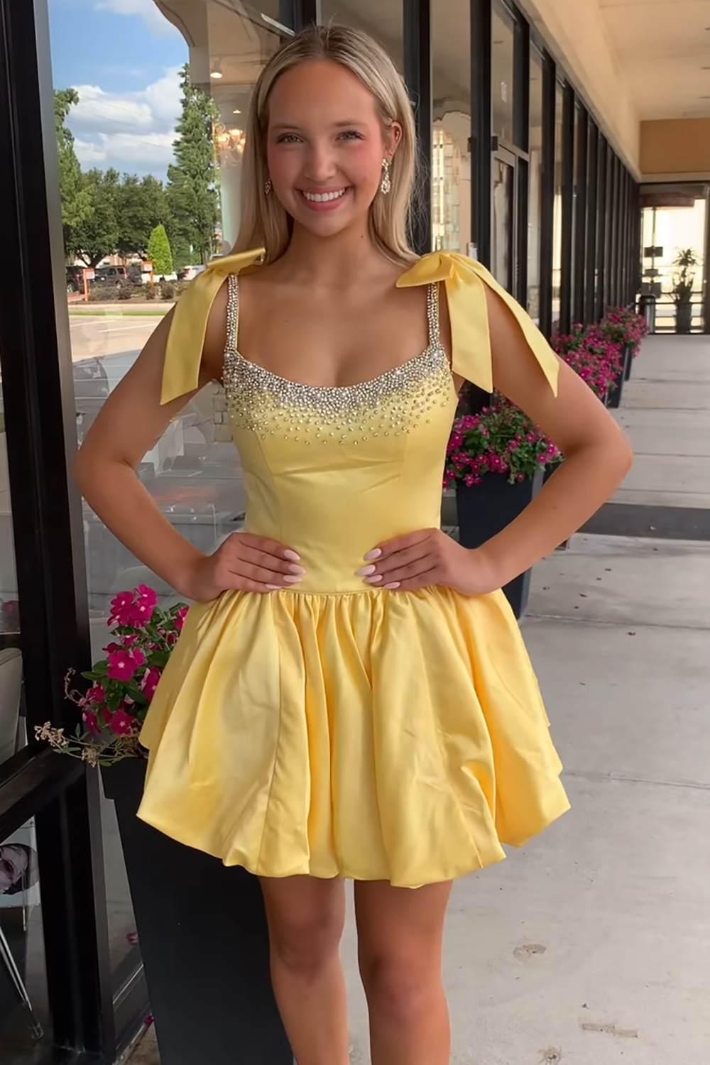 Sparkly Fuchsia Satin Bowknot Short Homecoming Dress with Beading