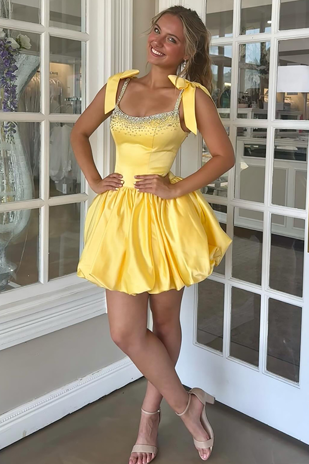 Cute Blue A Line Short Satin Homecoming Dress with Beading