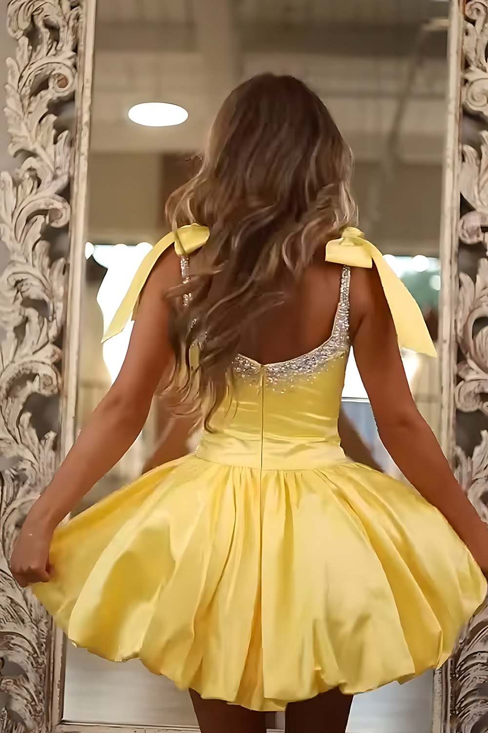 Sparkly Black Satin A Line Short Beaded Homecoming Dress with Bow