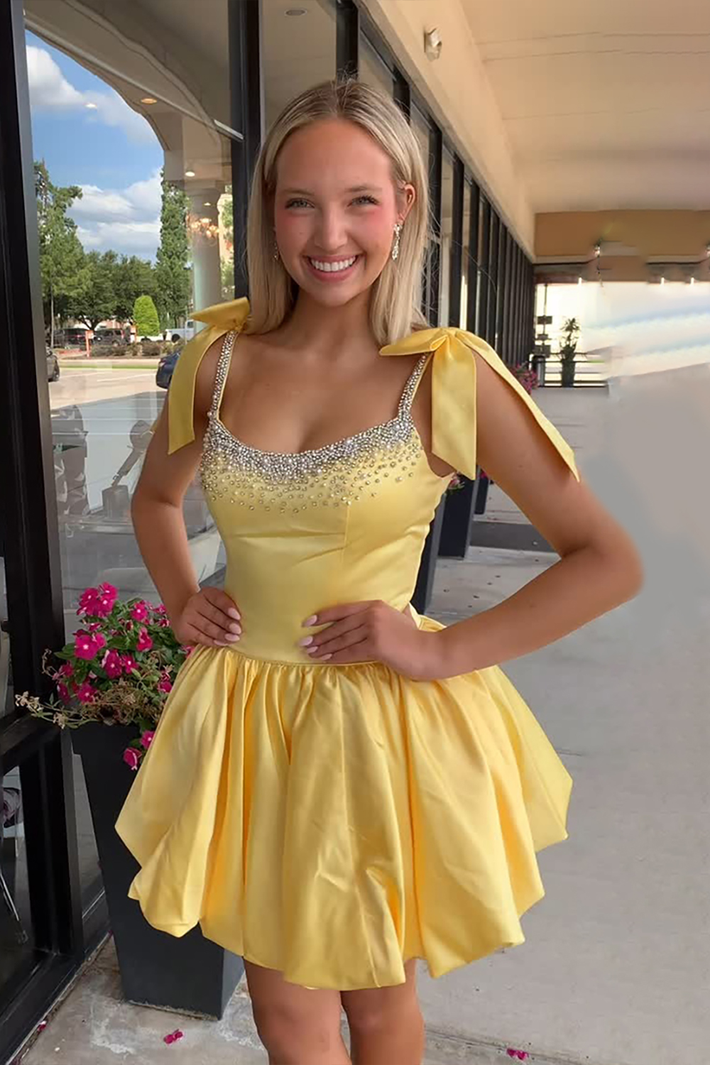 Sparkly Fuchsia Satin Bowknot Short Homecoming Dress with Beading