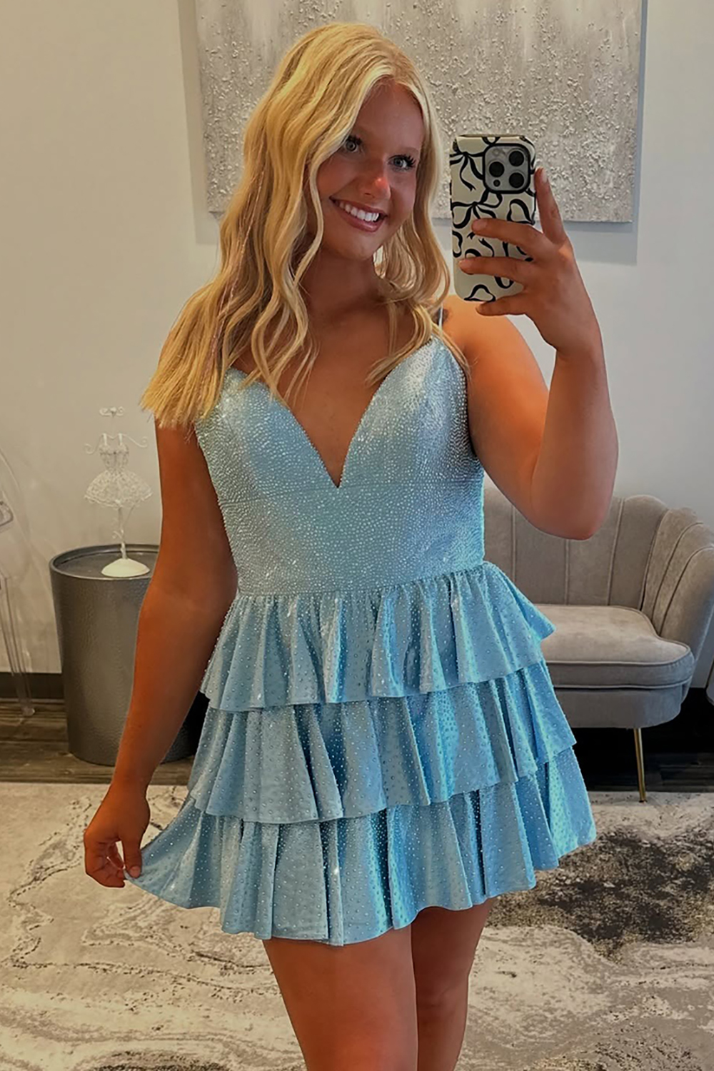 Sparkly Green Beaded Tiered A Line Short Homecoming Dress with Ruffles