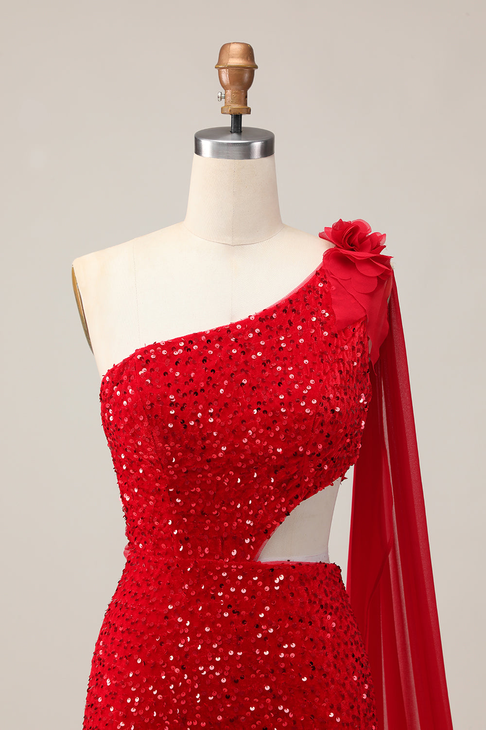 Sparkly Red Tight One Shoulder Short Homecoming Dress with Side Cape