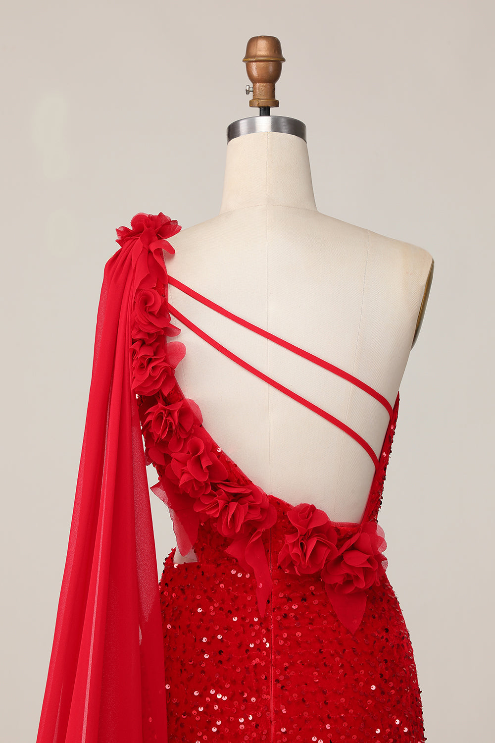Sparkly Red Tight One Shoulder Short Homecoming Dress with Side Cape