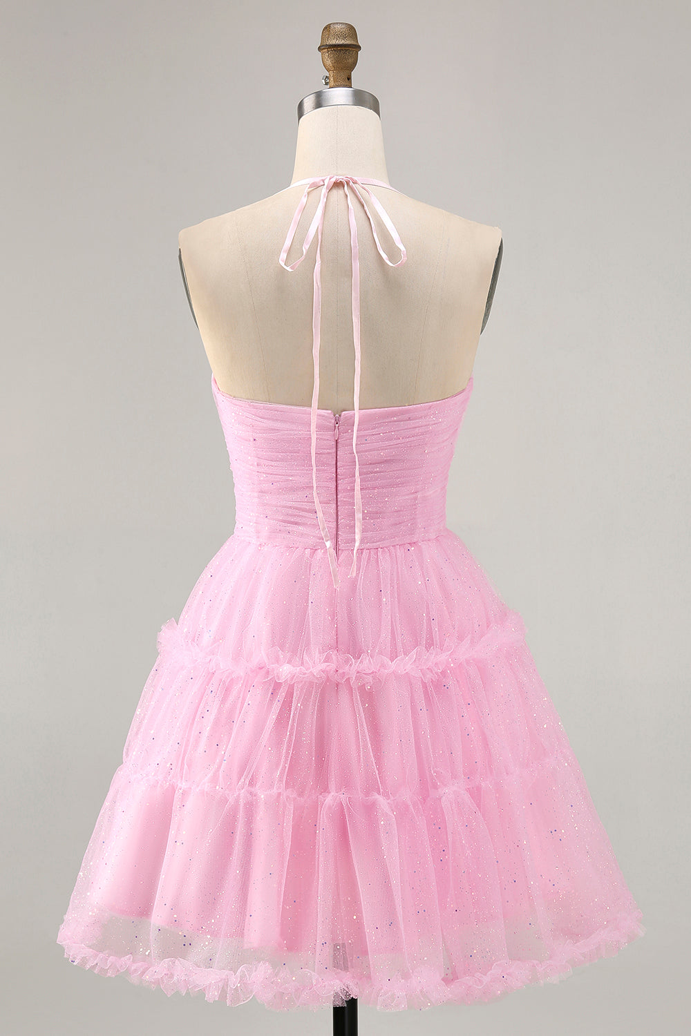 Glitter Pink Short Ruffled Homecoming Dress with Keyhole