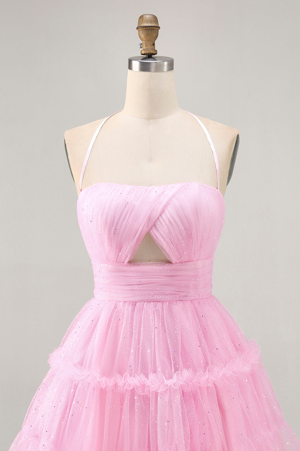 Glitter Pink Short Ruffled Homecoming Dress with Keyhole