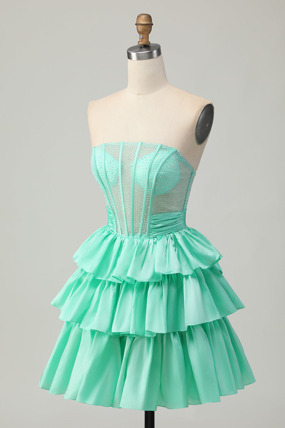Sparkly Green A Line Tiered Strapless Short Corset Homecoming Dress with Bow