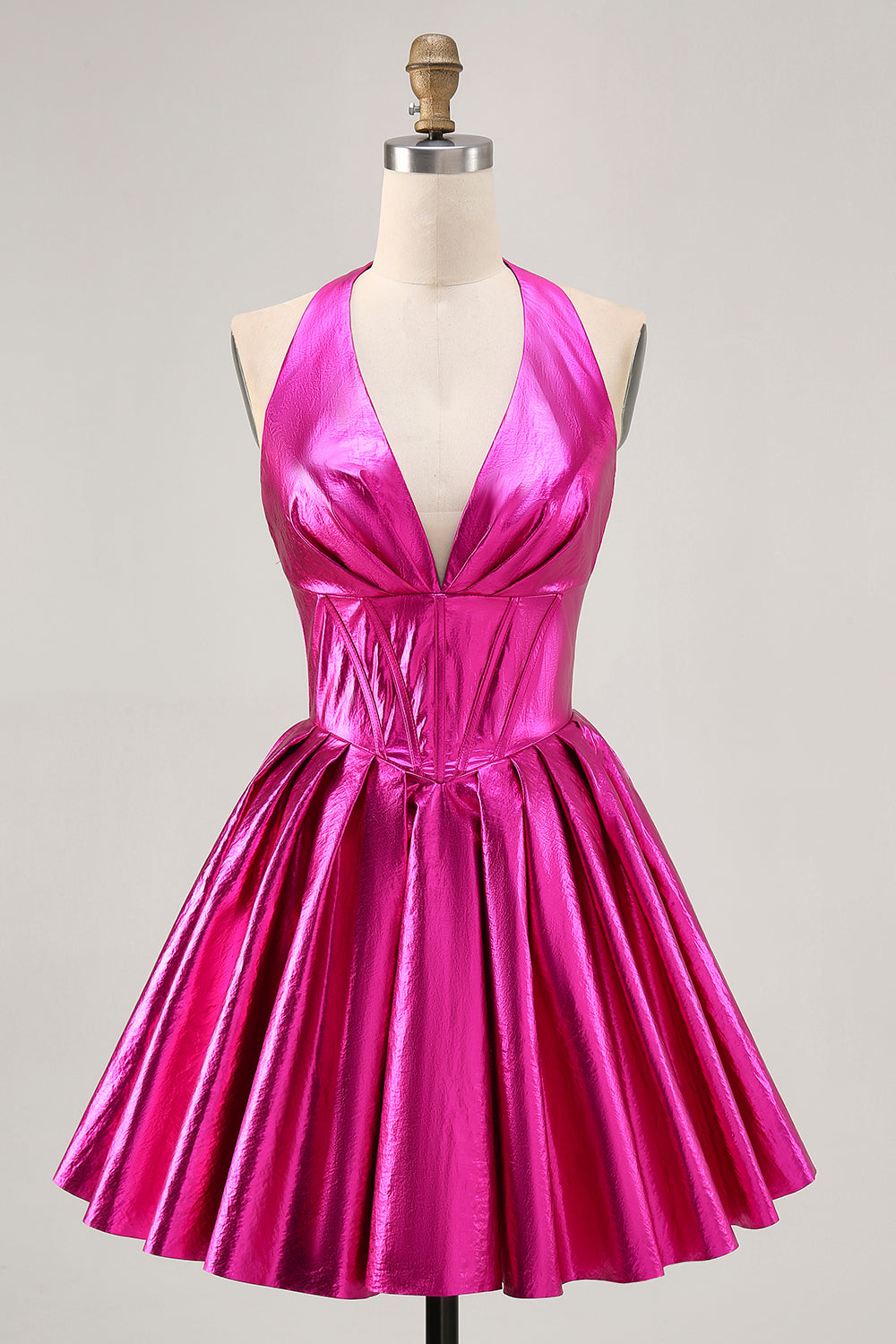 Fuchsia Metallic A Line Halter Short Corset Homecoming Dress