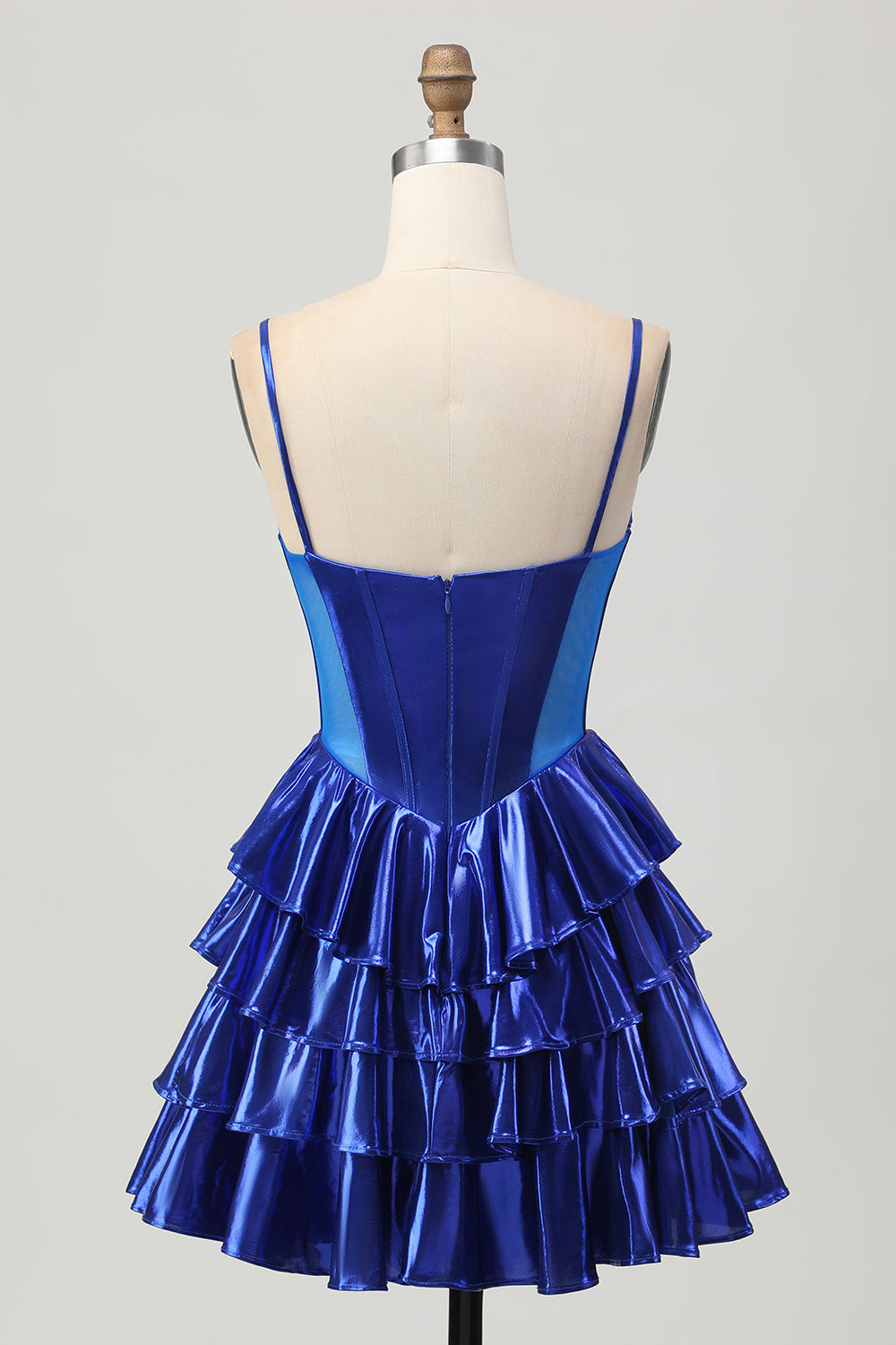 Metallic Royal Blue Ruffled Short Corset Homecoming Dress with Bows