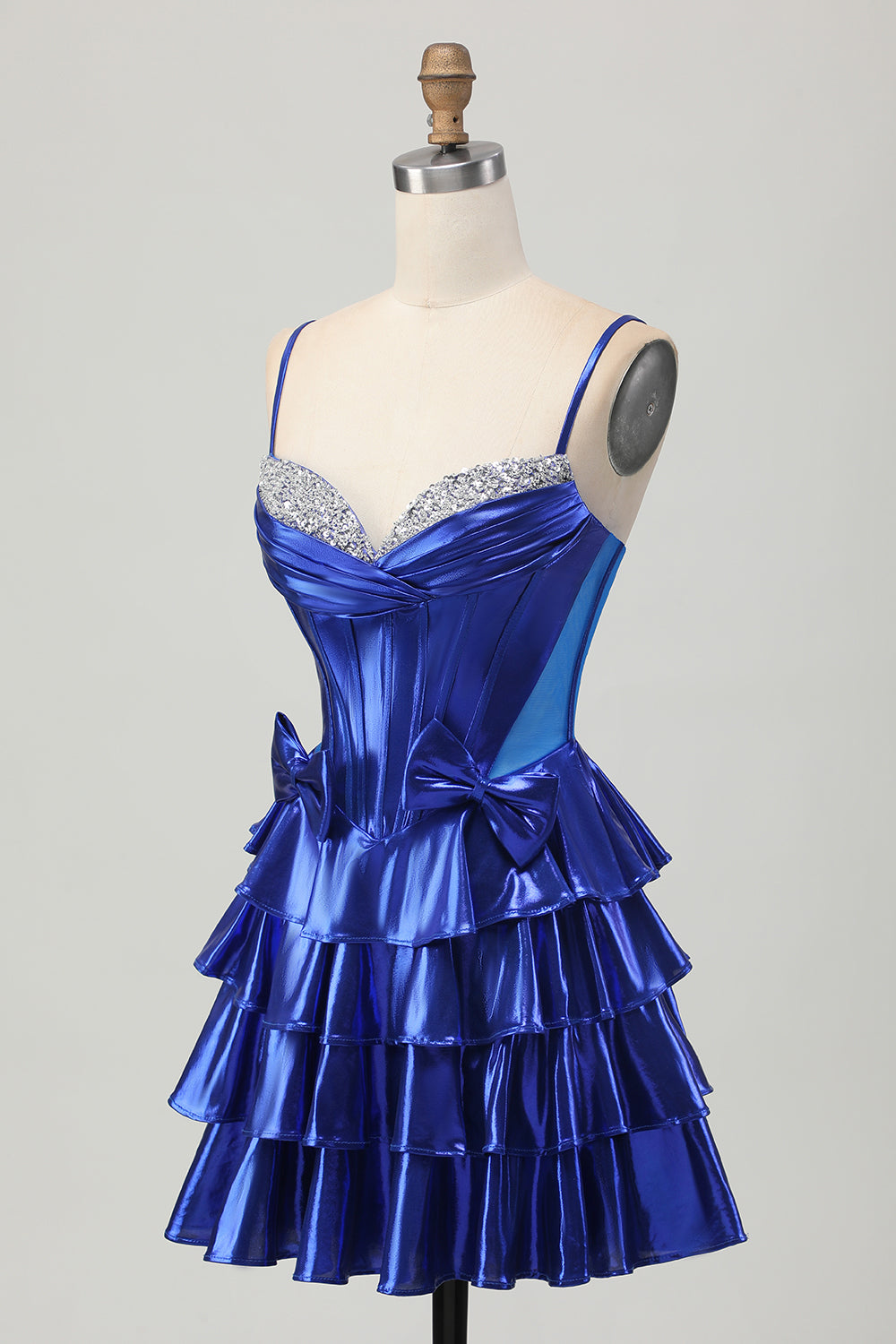 Metallic Royal Blue Ruffled Short Corset Homecoming Dress with Bows