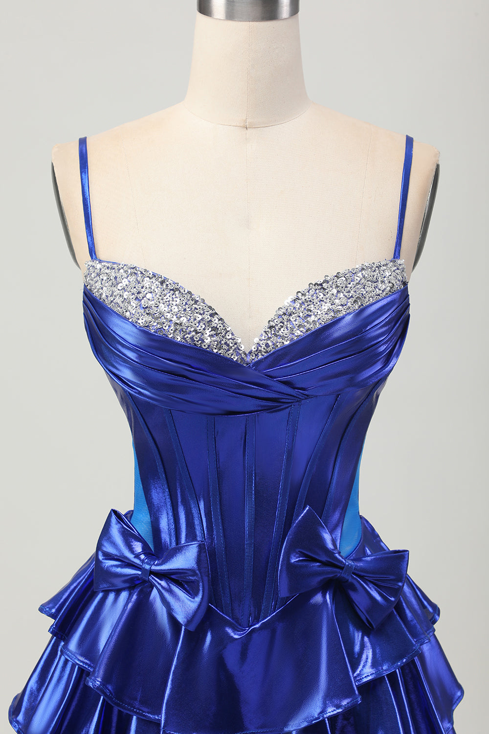 Metallic Royal Blue Ruffled Short Corset Homecoming Dress with Bows