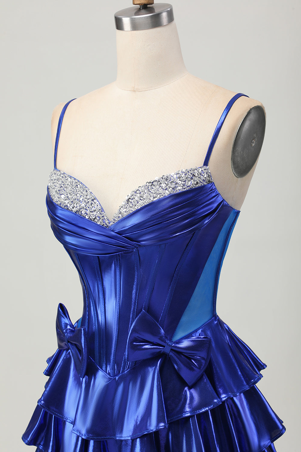 Metallic Royal Blue Ruffled Short Corset Homecoming Dress with Bows