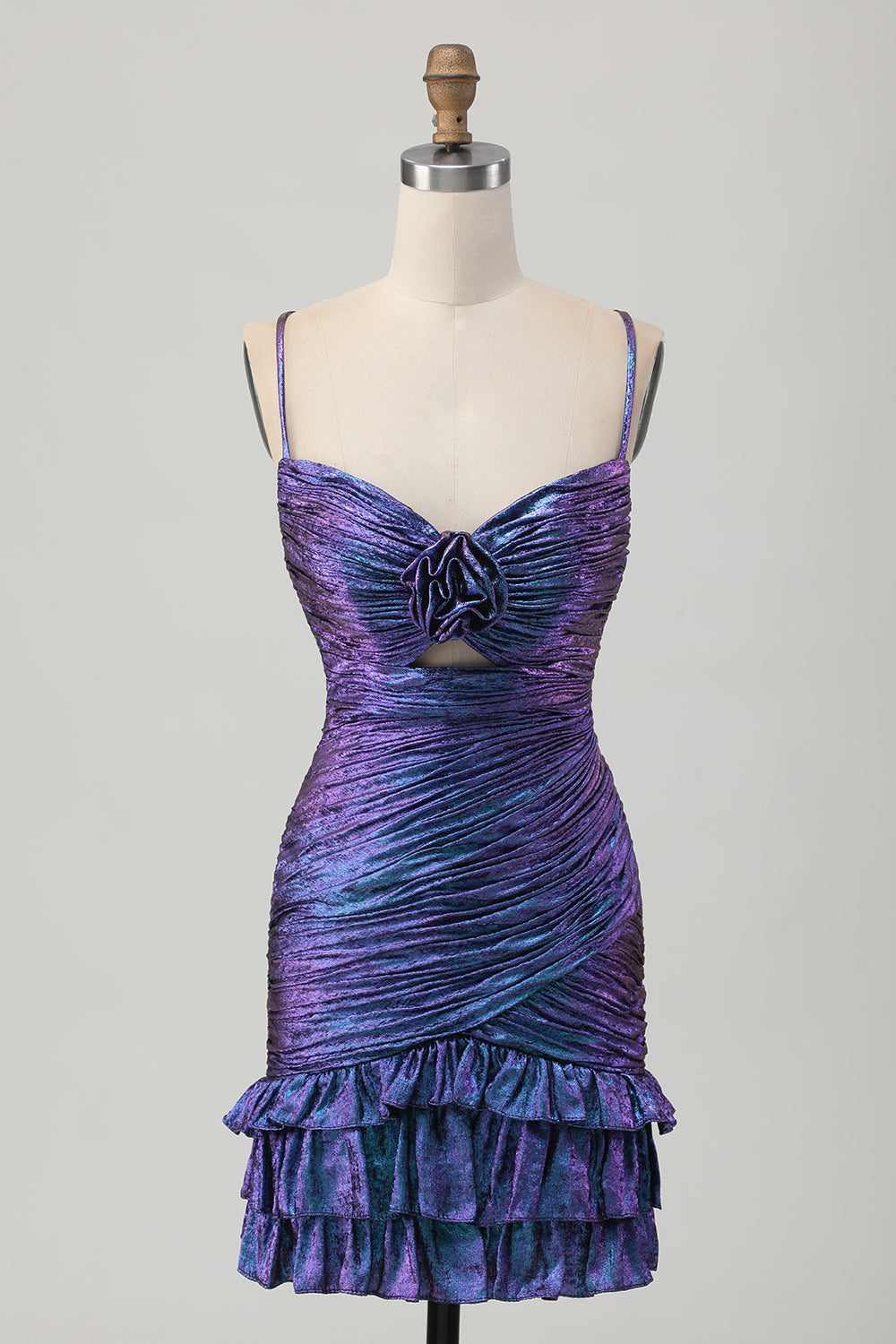 Metallic Blue and Purple Floral Short Tight Homecoming Dress with Ruffles