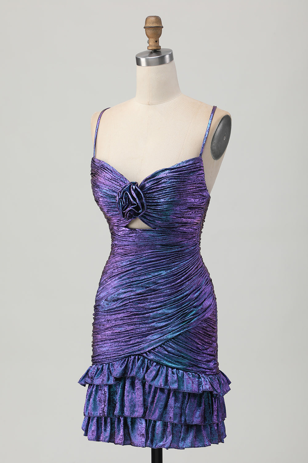 Metallic Blue and Purple Floral Short Tight Homecoming Dress with Ruffles
