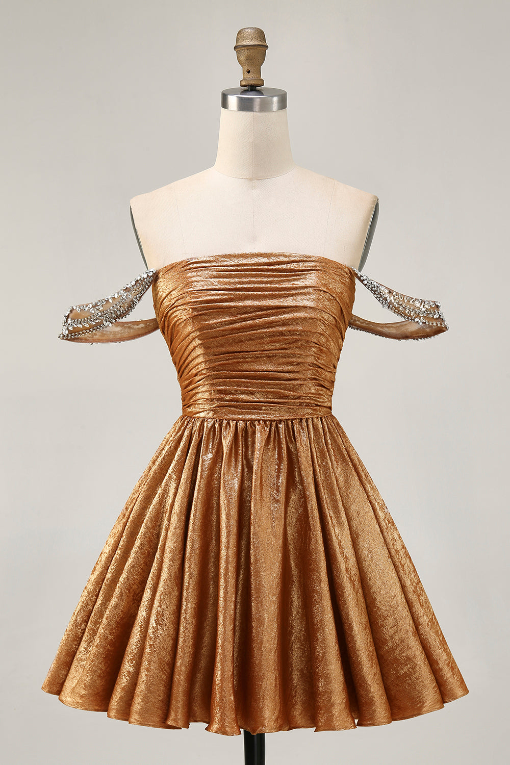 Sparkly Golden Off the Shoulder A Line Short Metallic Homecoming Dress