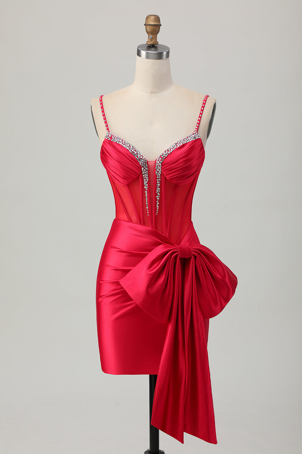 Sparkly Red Tight Corset Short Beaded Homecoming Dress with Bow