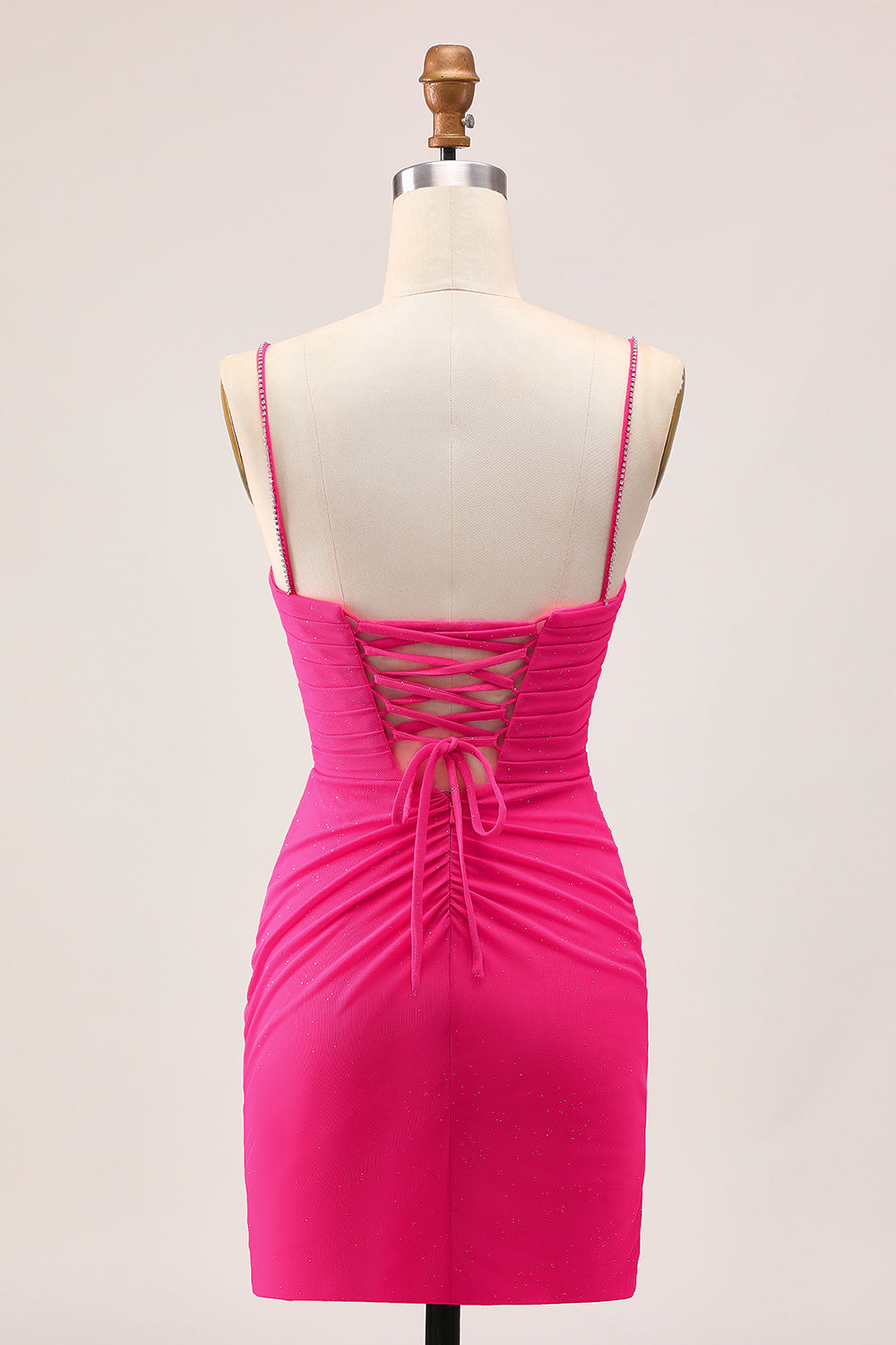 Sparkly Fuchsia Spaghetti Straps Short Tight Homecoming Dress with Beading