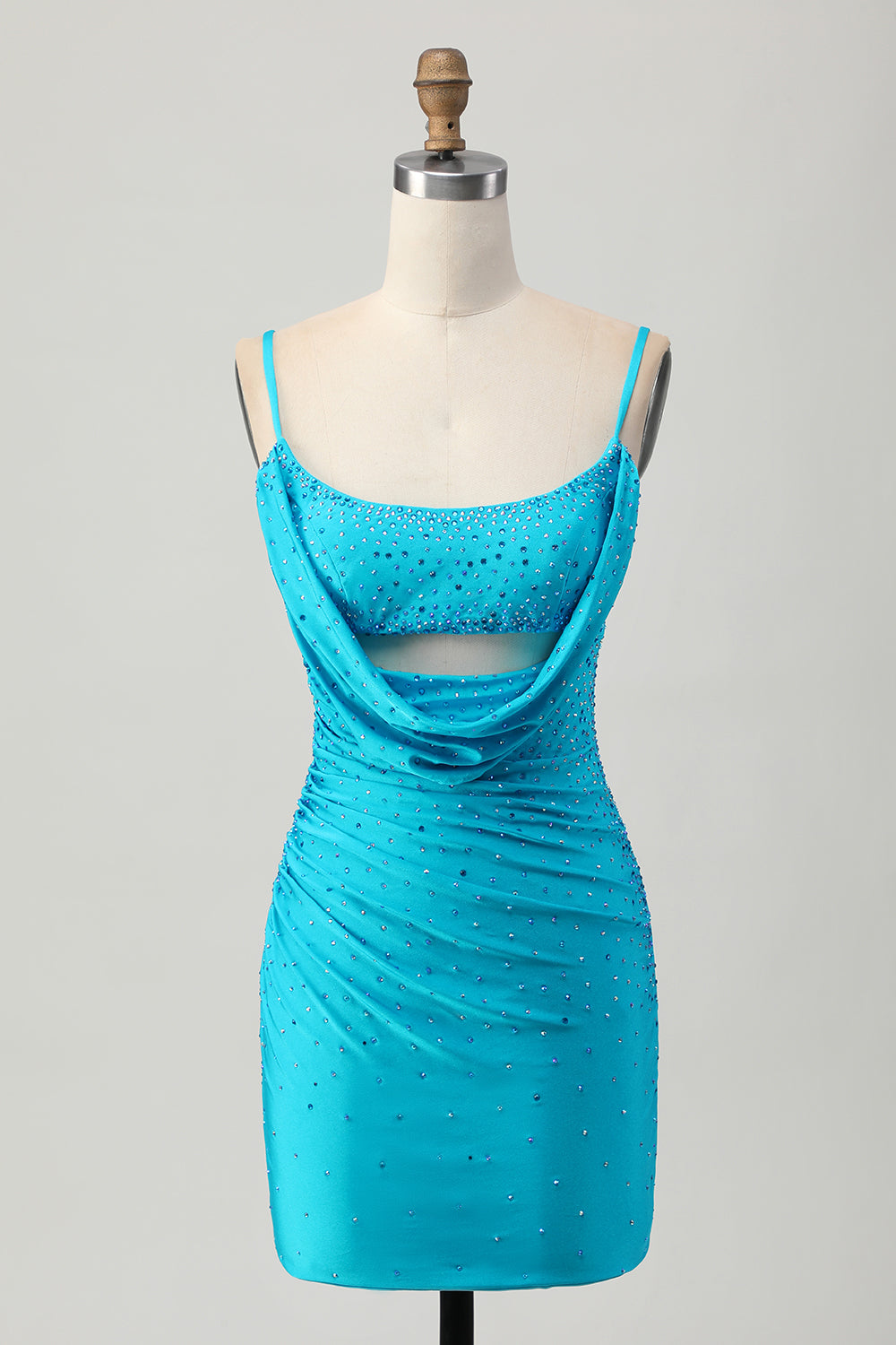 Sparkly Blue Bodycon Cut Out Short Beaded Homecoming Dress with Drapes