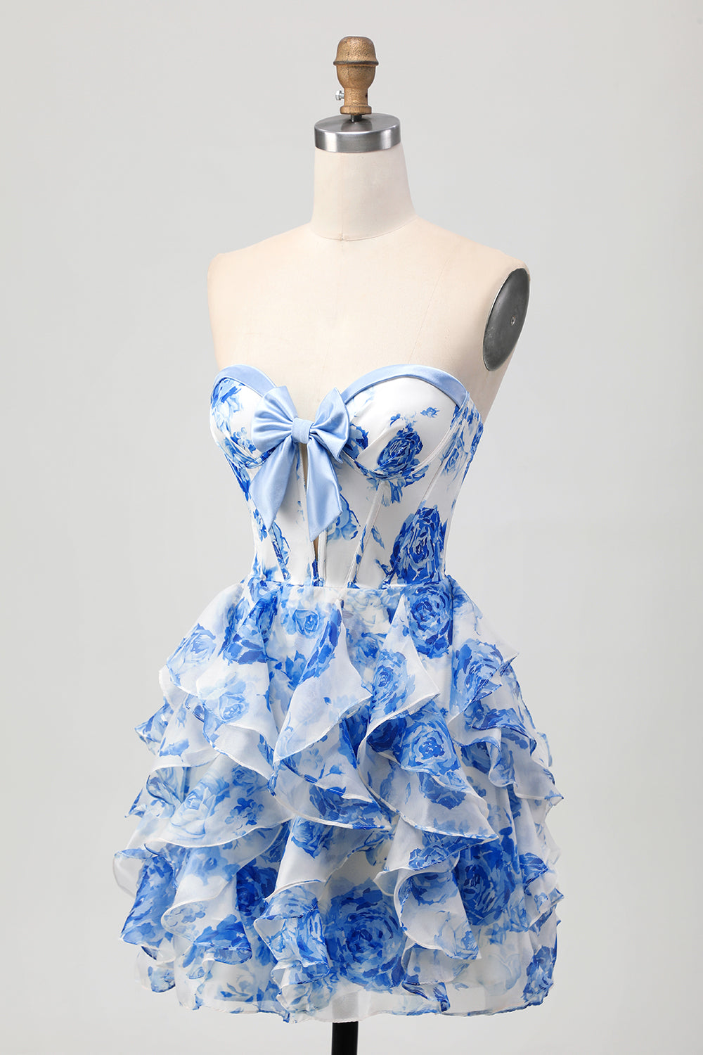 Floral White and Blue Short Corset Homecoming Dress with Ruffles