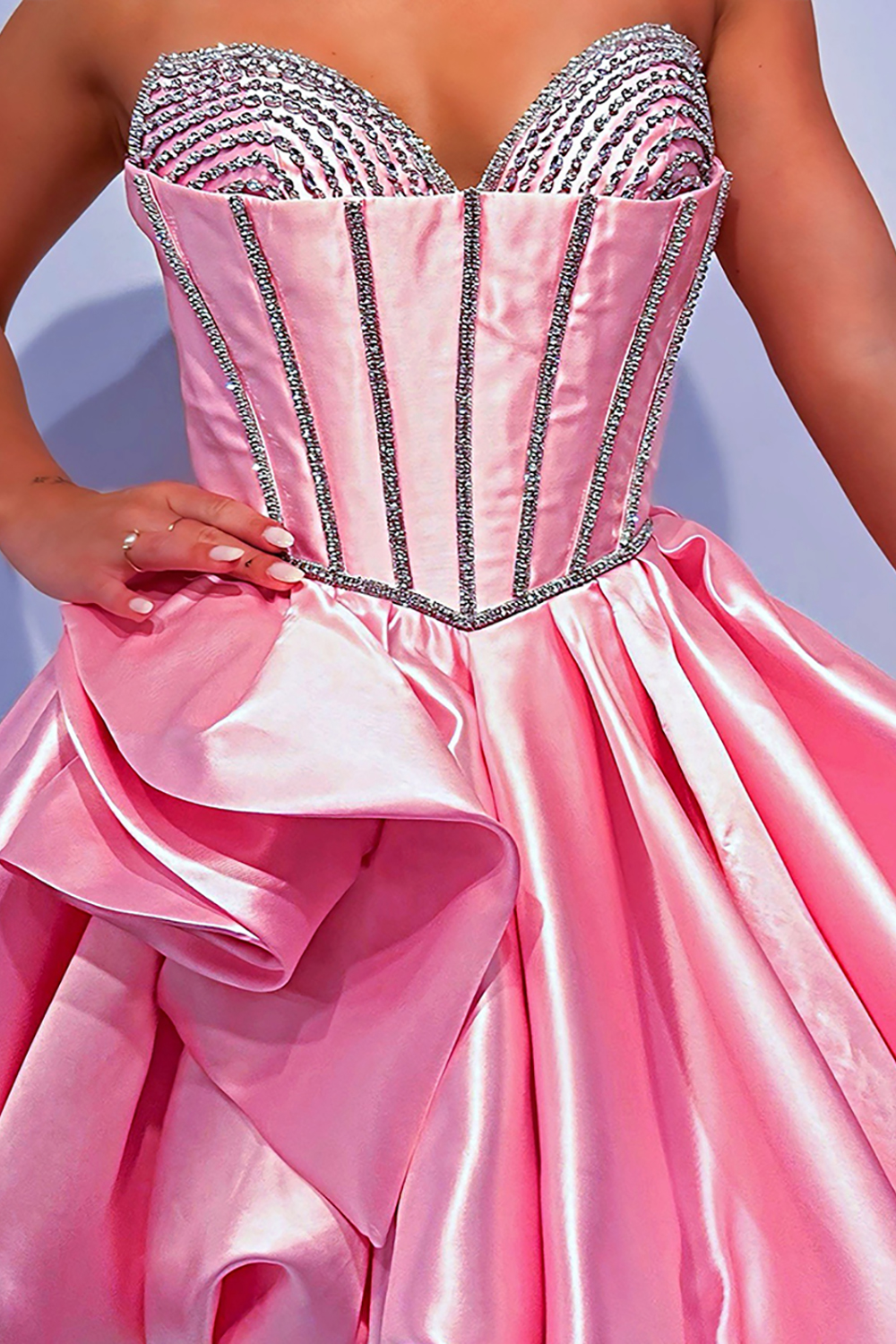 Sparkly Pink A Line Satin Short Corset Homecoming Dress with Rhiestones