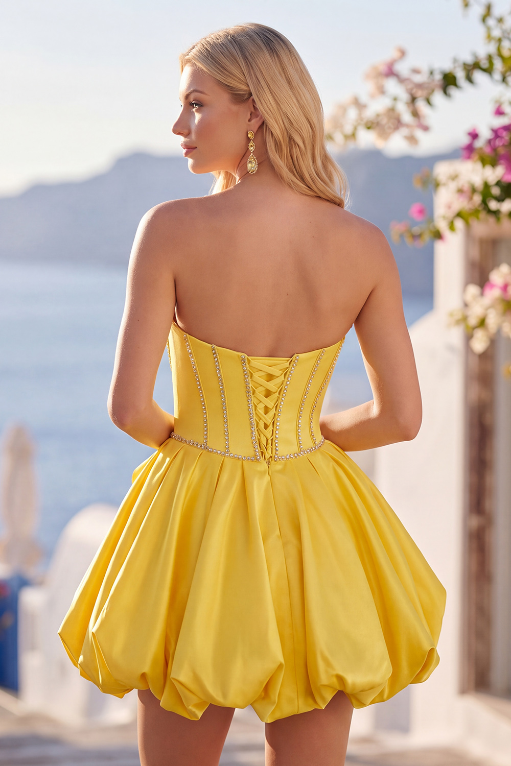Sparkly Pink Strapless Short Corset Homecoming Dress with Rhinestones