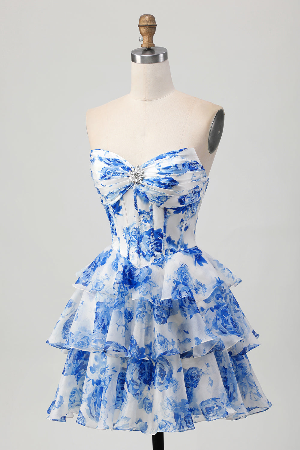Sparkly White and Blue Corset Short Floral Homecoming Dress with Ruffles