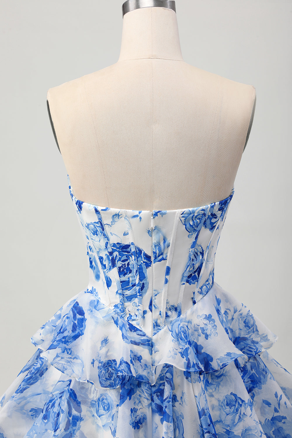 Sparkly White and Blue Corset Short Floral Homecoming Dress with Ruffles
