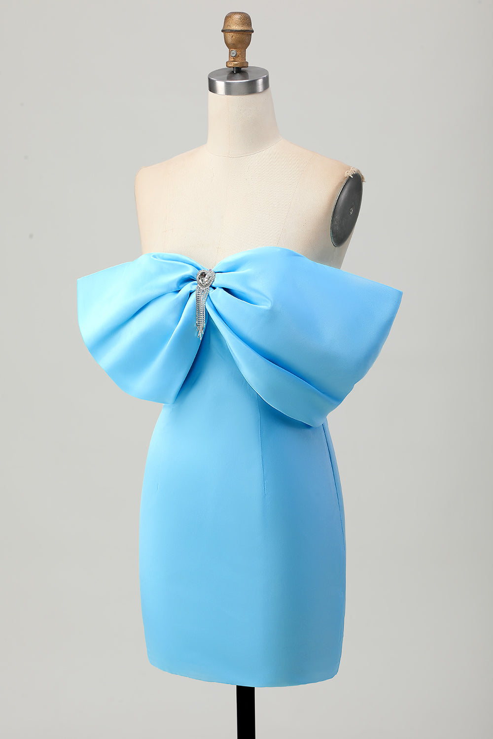 Sparkly Blue Tight Strapless Short Satin Homecoming Dress with Bow