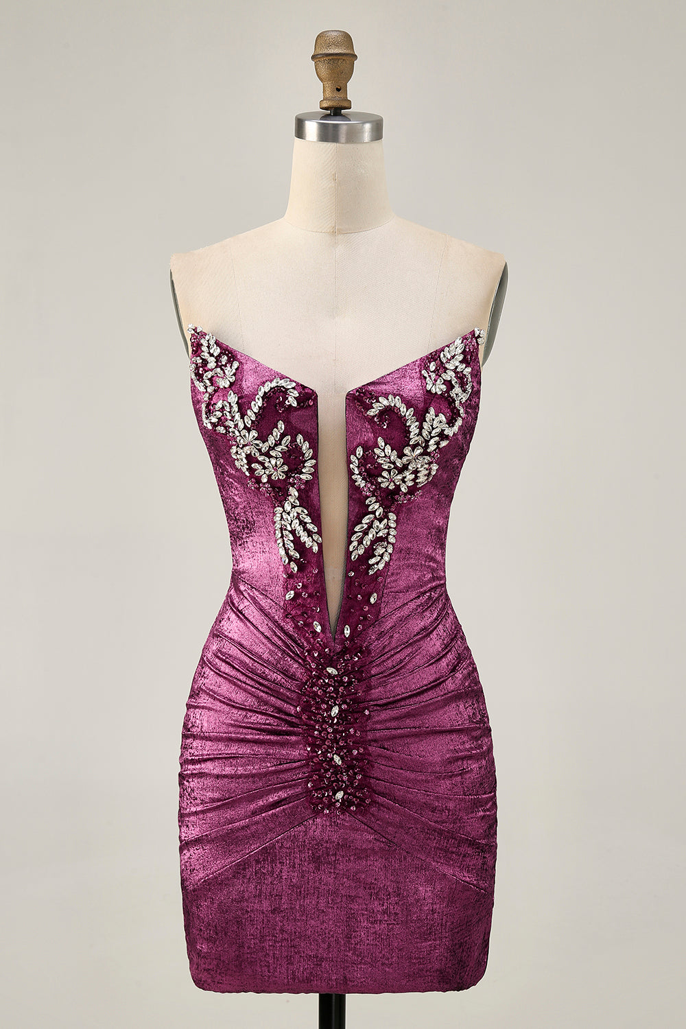 Sparkly Wine Strapless Metallic Short Tight Homecoming Dress with Beading