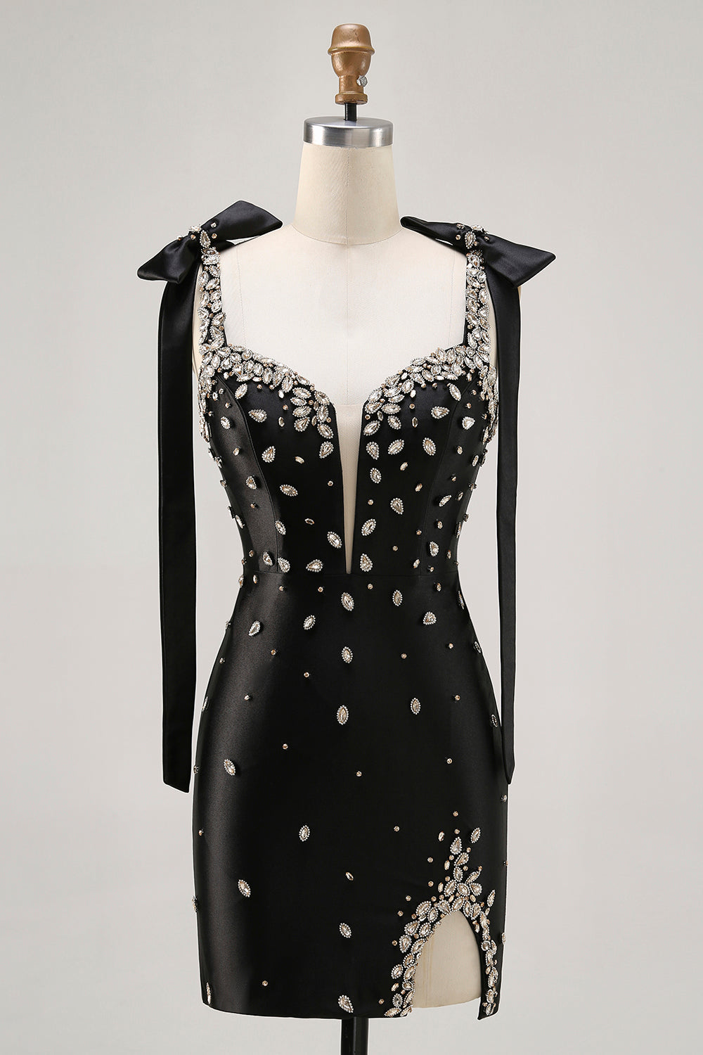 Sparkly Black Tight Satin Short Homecoming Dress with Rhinestones