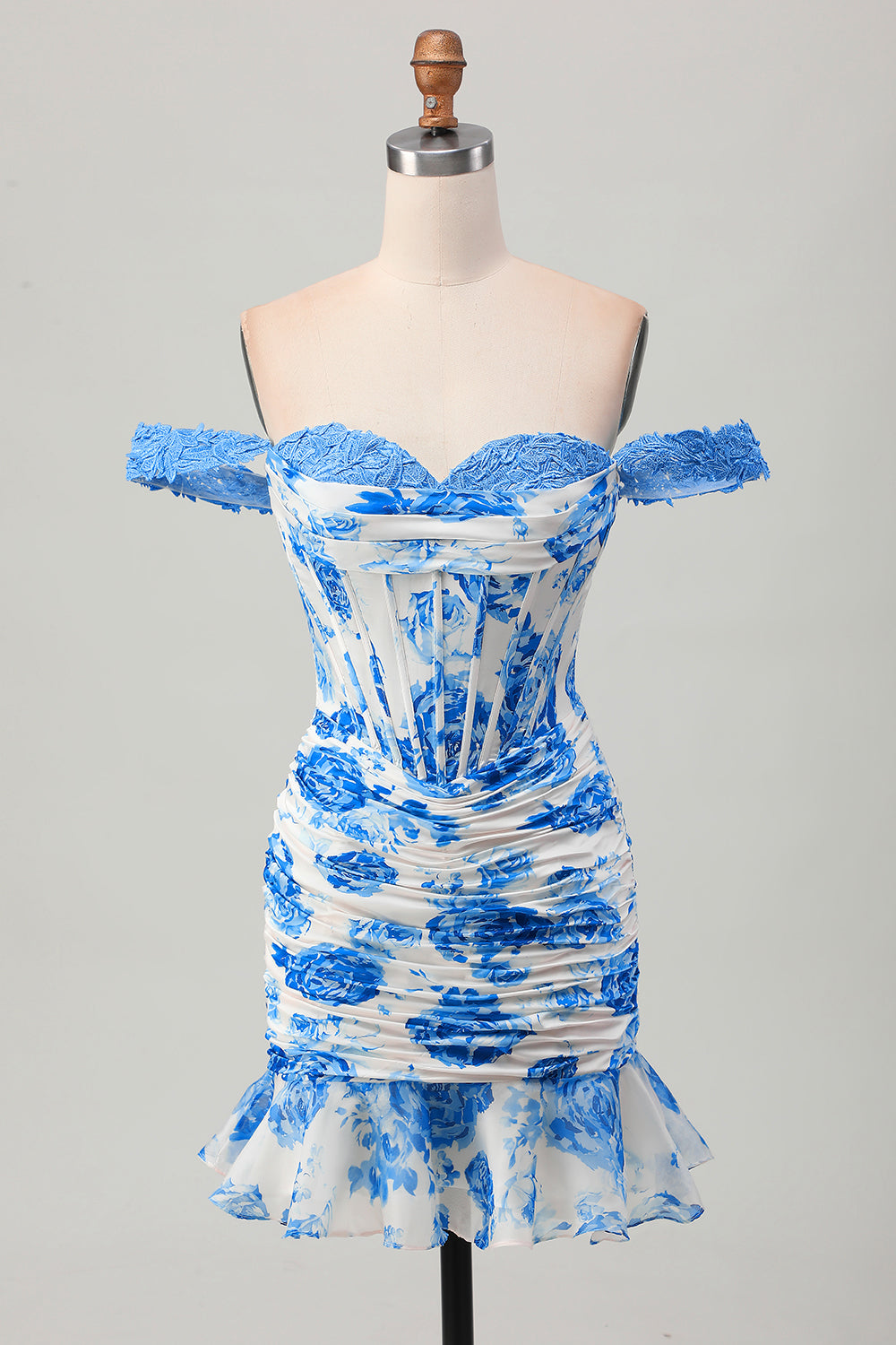 Floral White and Blue Tight Short Corset Homecoming Dress with Appliques