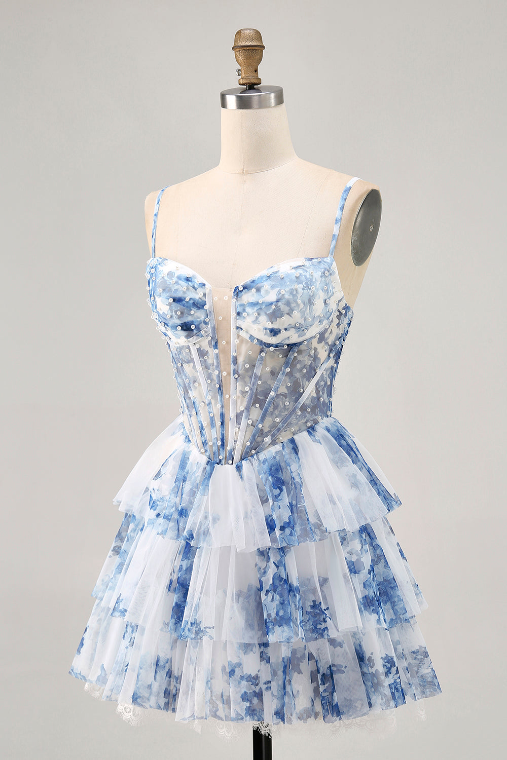 Floral White and Blue Corset Short Ruffled Homecoming Dress with Pearls