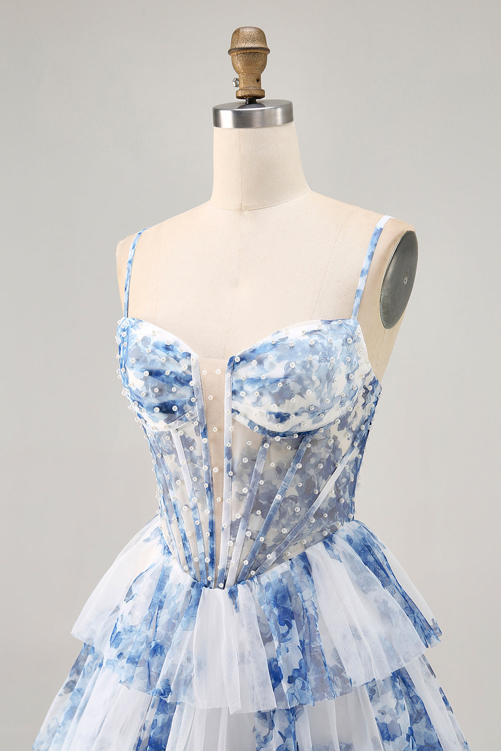 Floral White and Blue Corset Short Ruffled Homecoming Dress with Pearls