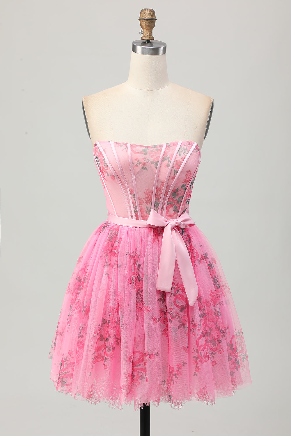 Floral Pink A Line Strapless Short Corset Homecoming Dress with Bow