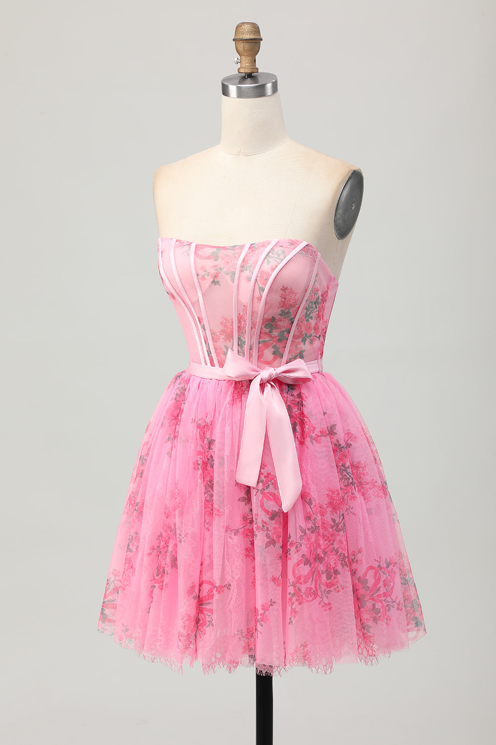 Floral Pink A Line Strapless Short Corset Homecoming Dress with Bow
