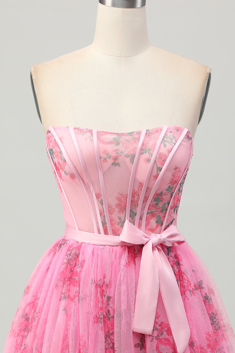 Floral Pink A Line Strapless Short Corset Homecoming Dress with Bow